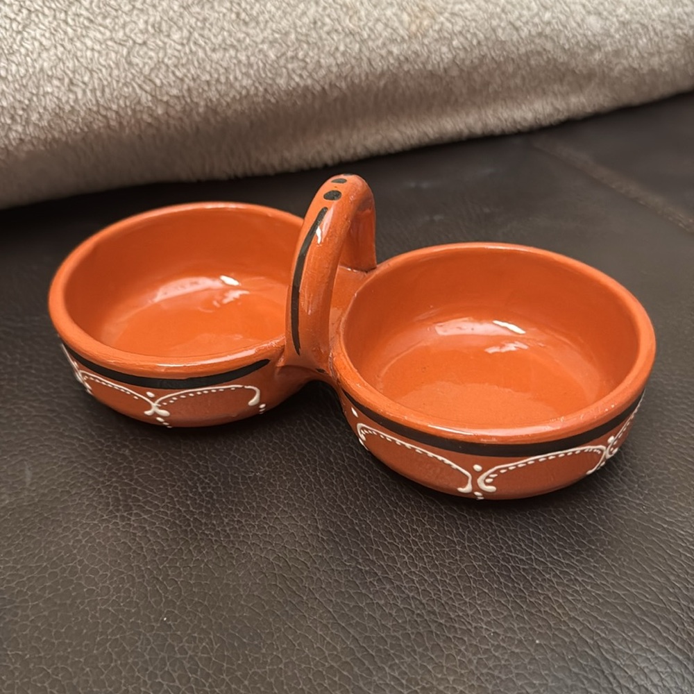 Portuguese Terracotta Dual Bowl Server Handmade Glazed Clay Pottery